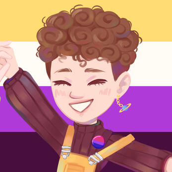 Drawing of myself made by Midori TV with the enby flag in the background.